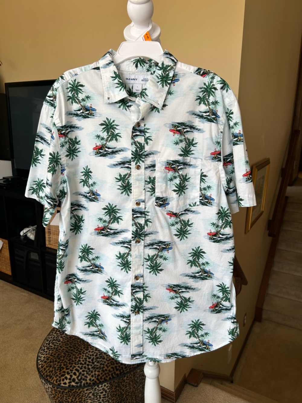 Old Navy White Short Sleeve Hawaiian Surfing Santa Palm-Print Button-Down Shirt